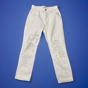 YMI Dream Collection Straight Leg Crop Distressed Jean White Rips SZ 7/28